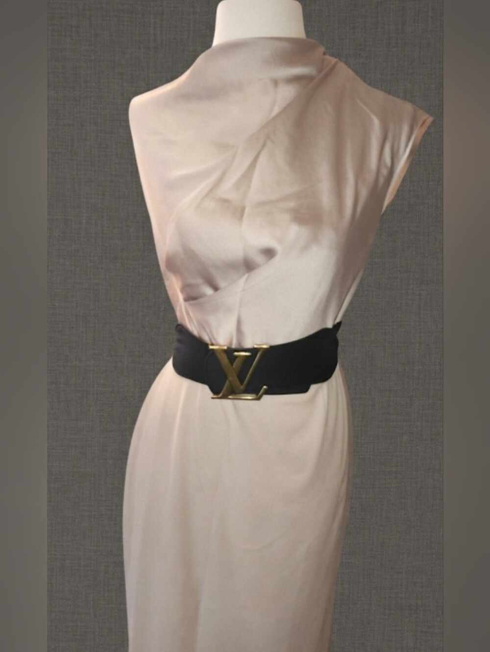 Halston Heritage Cream Dress Paired with Black Belt (Not Included)